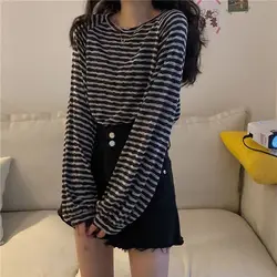 Gidyq Korean Women Striped T Shirts Fashion Streetwear All Match Female Long Sleeve Tops Casual Student Loose Tees New