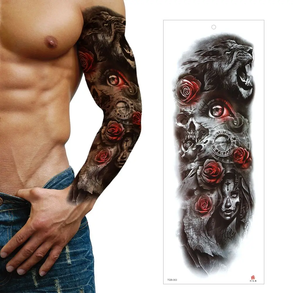 48 * 17CM Beauty Waterproof  Body Art Large Leg Full Arm Temporary Decal Tiger Eye Clock  Tattoo Sticker