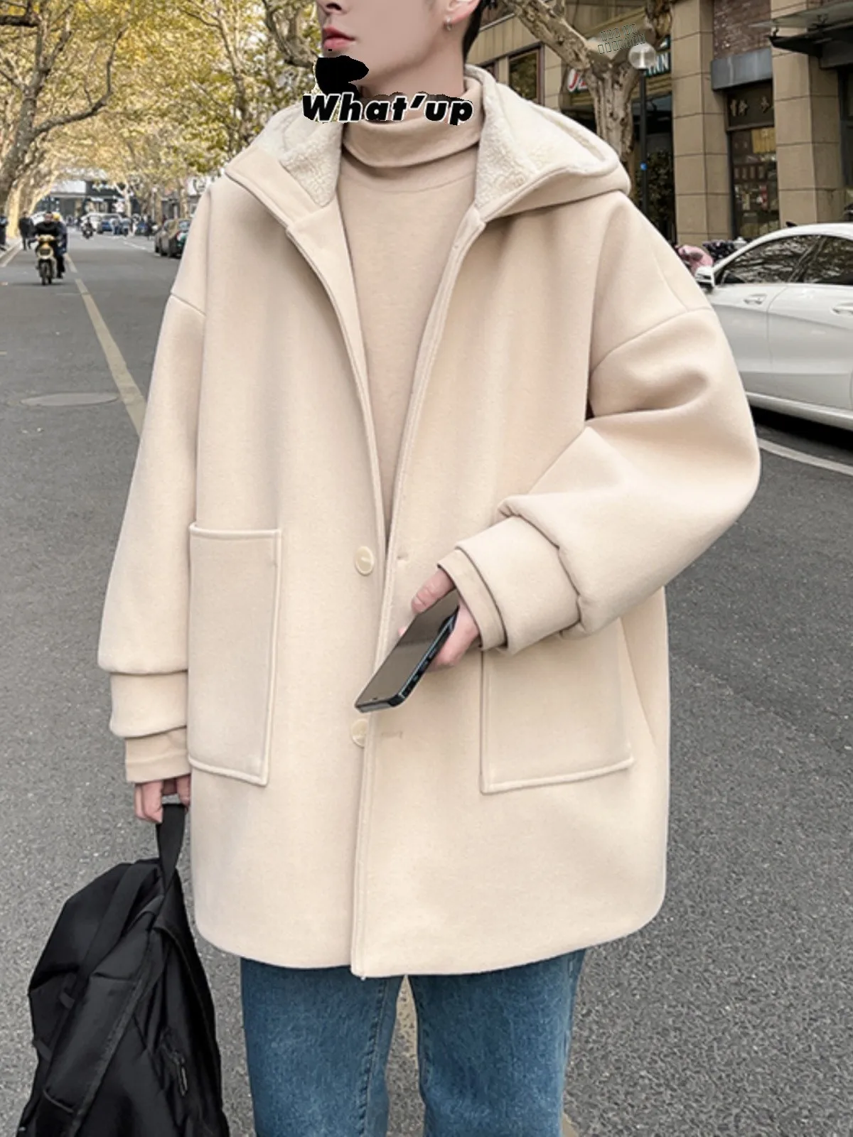 

Мужское шерстяное пальто средней длины с капюшоном, утепленное флисом и овчиной, для защиты от холода, хлопковая одежда