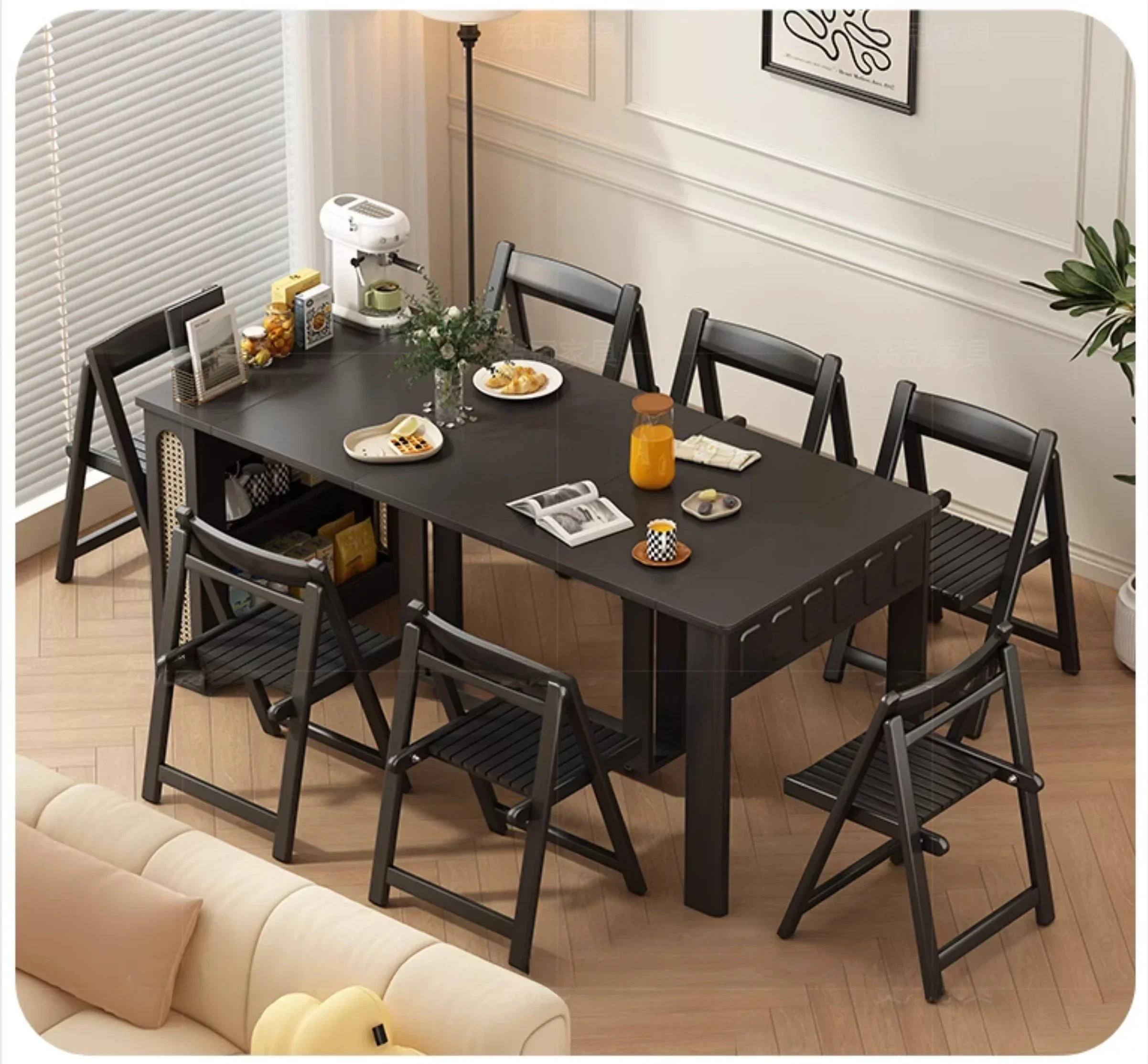 

Nordic Style Solid Wood Stone Plate Foldable Retractable Dining Table