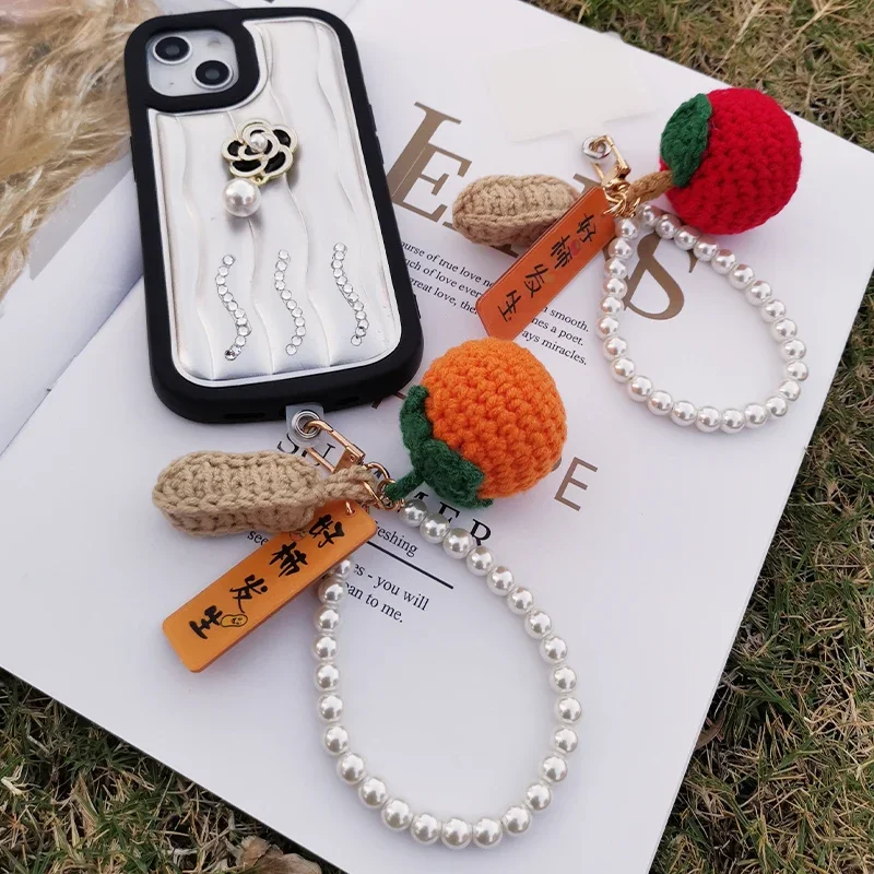 Phone Lanyard Short Pearl Pendant Wool Thread Persimmon Ball Good Things Happen Tag Pendant for All Phones  Phone Charm Strap