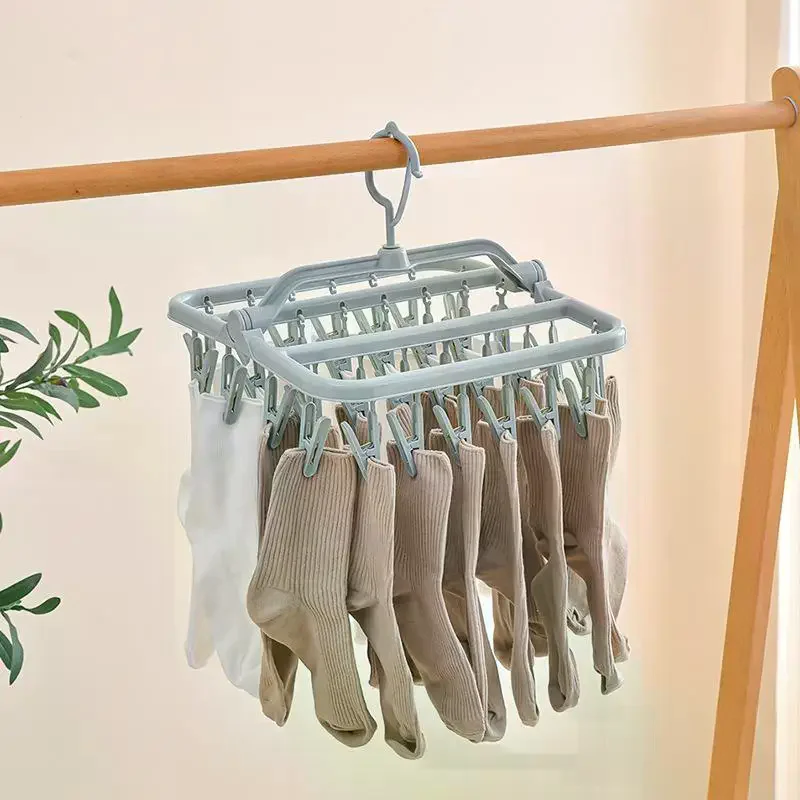 Foldable Plastic Laundry Drying Rack With 32 Clips 360 Rotating Hook For Socks Underwear Small Clothes Home Dorm