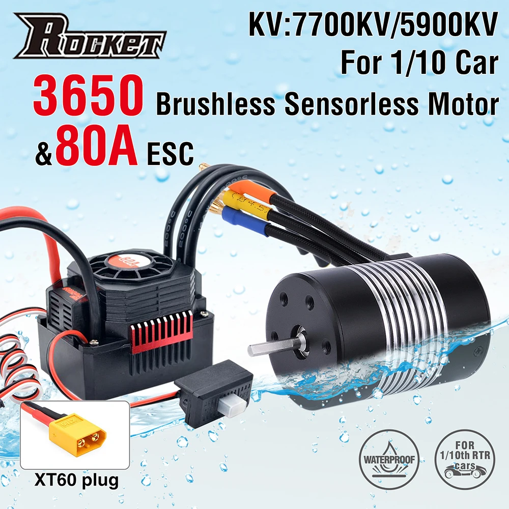 

Rocket 3650 Waterproof Brushless Sensorless Motor 7700KV with 80A Brushless ESC Combo Set for 1/10 Tamiya RC Car