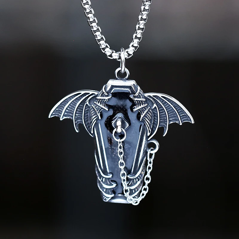 Gothic 316L Stainless Steel Coffin With Bat Pendant Necklace For Teens Punk Biker Darkly Jewelry Couple Gift Freeshipping