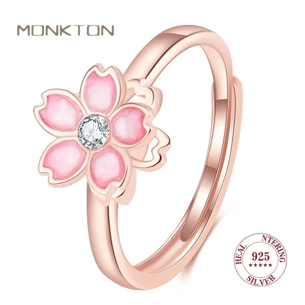 

Monkton S925 Sterling Silver Pink Enamel Blossom Open Rings for Women Rose Gold Flower Bracelet Wedding Fine Jewelry Sets