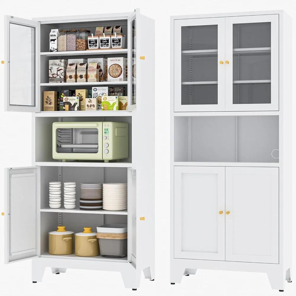 69'' White Metal Storage Cabinet with 4 Glass Doors, 3 Adjustable Shelves & Microwave Stand