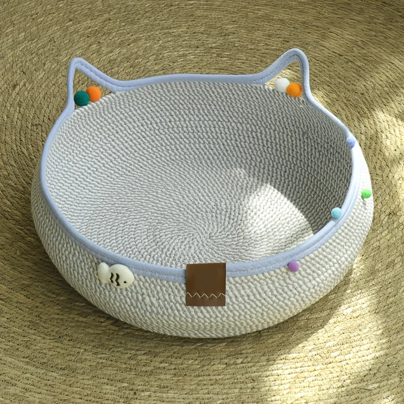 Cartoon Pet Cat Bed Round Hand Woven Rattan Cat Beds Summer Cooling Kitten Basket Cotton Rope Cat Scratching Baskets