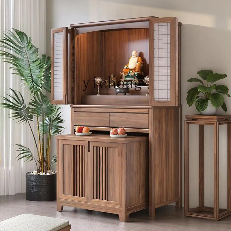 GZ  walnut home shrine offering altar integrated Guanyin Bodhisattva stand cabinet