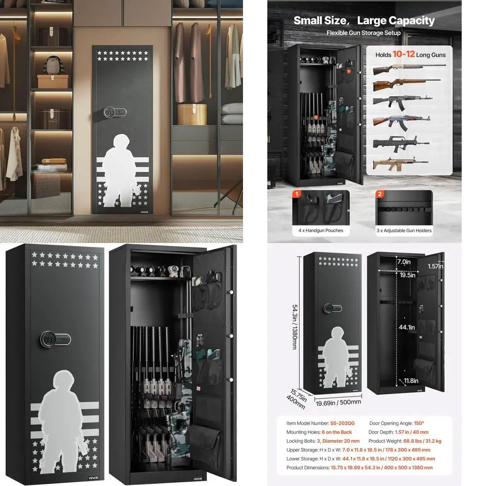 

Надежный шкаф для хранения 12 оружей с 4 отсеками для пистолетов и 3 регулируемыми полками, цифровой кодовый замок