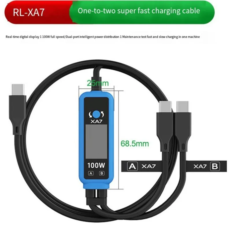 at29-xa7-デジタル表示付き-100w-高速充電ケーブル-1対2タイプ。iphone、android、type-c対応デバイス用。
