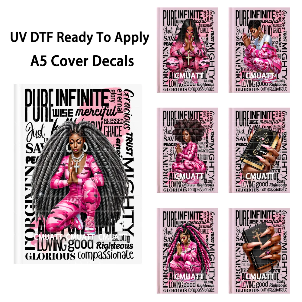 Carnet A5 avec affirmations bibliques pour femmes afro-américaines, enveloppes UV DTF prêtes à appliquer, autocollants de transfert imperméables pour la couverture de journal.