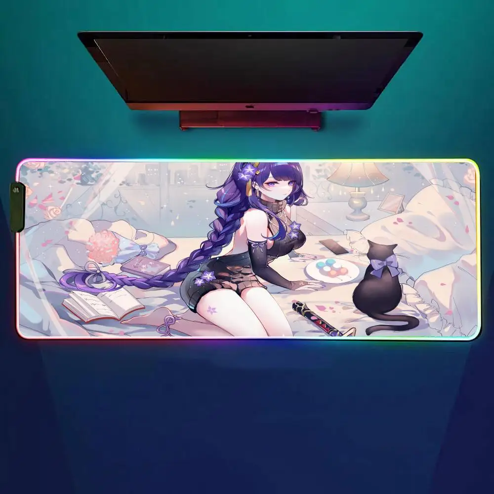 Raiden Shogun Genshin Mouse Pad RGB Gaming Mouse Pad Desk Mat HD Gamer Large LED Light XXL MousePads