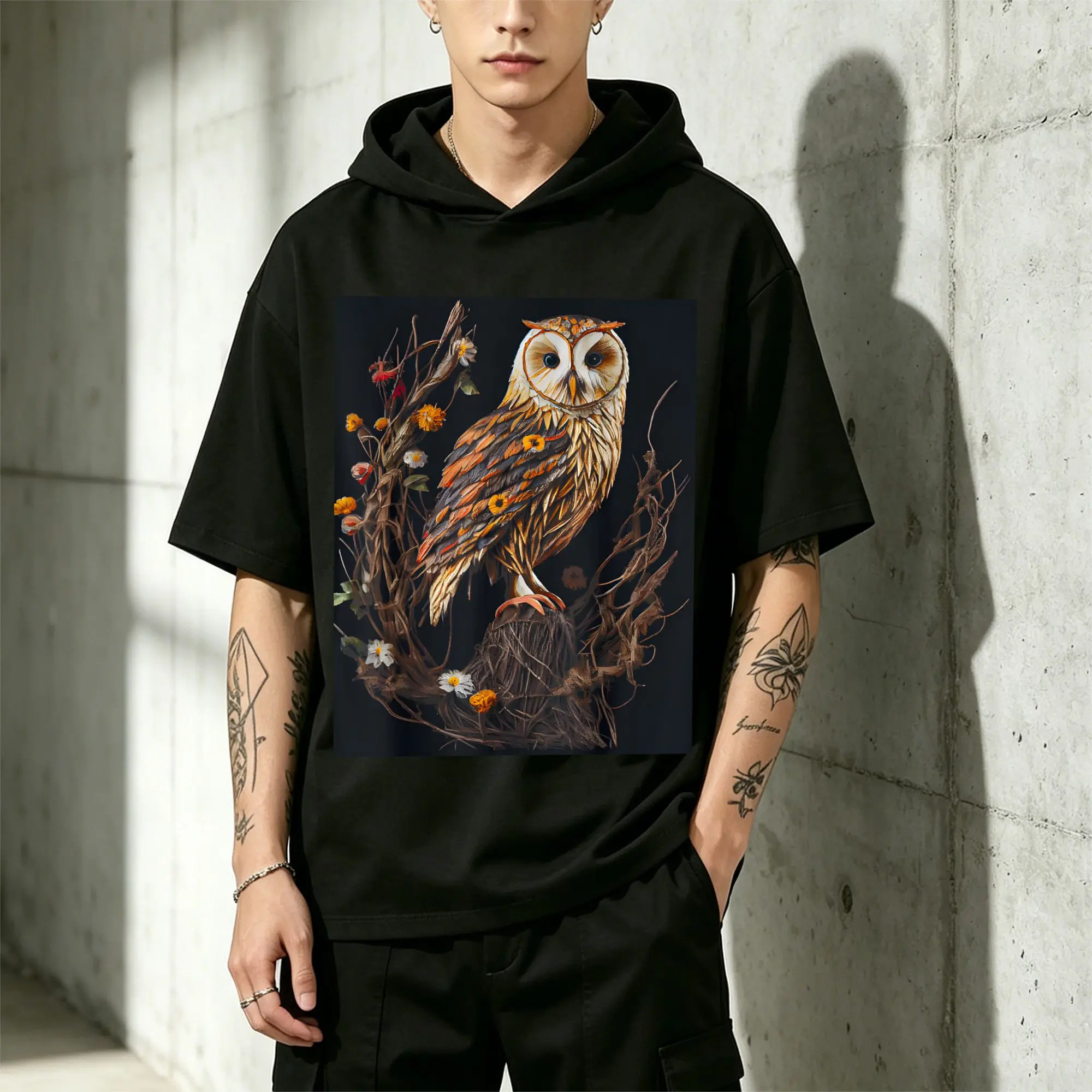 1 Piece Men's Clothing: the Wisdom of Nature, Owl Resting Serenely T-Shirt, Casual and Comfortable