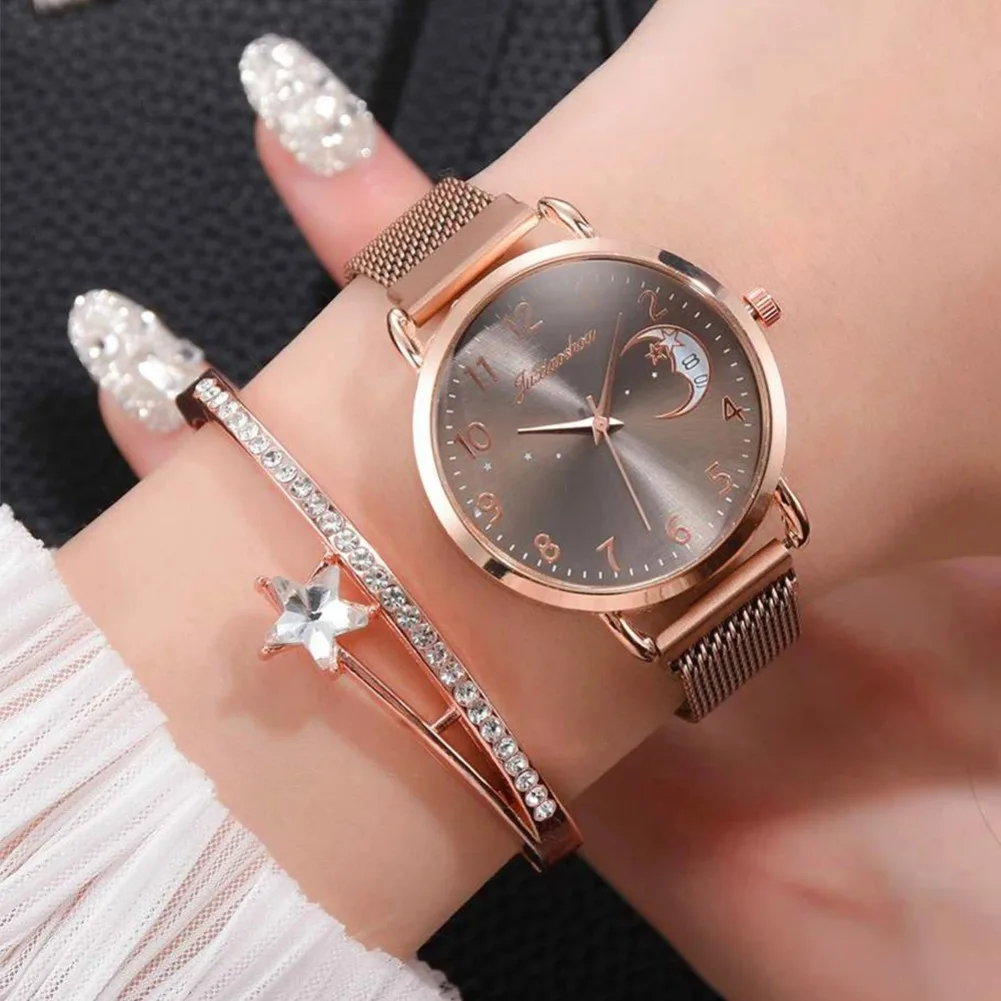 

Luxury Women Watches Moon Numbers Dial Bracelet Watch Set Ladies Magnetic Quartz Wristwatch Female Dress Clock Relogio Feminino