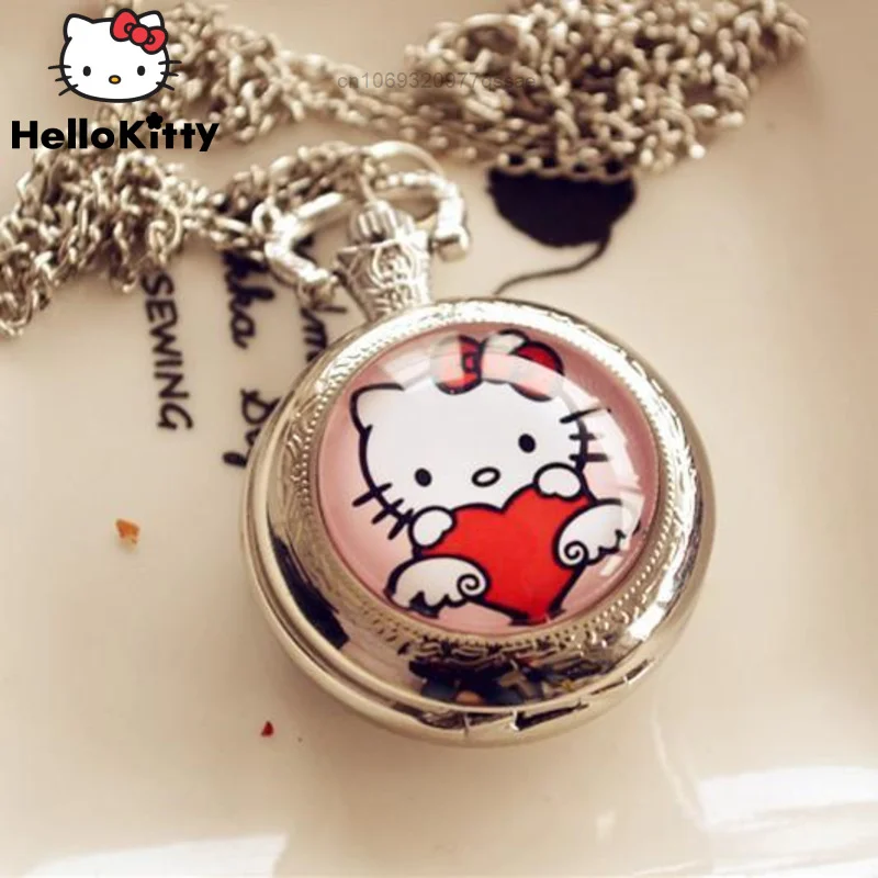 

Hello Kitty Pocket Watch Sanrio Y2k Fob Watches Necklace Chains Mosaic Photo Friend Day Gift Men Women Valentine's Day Gift