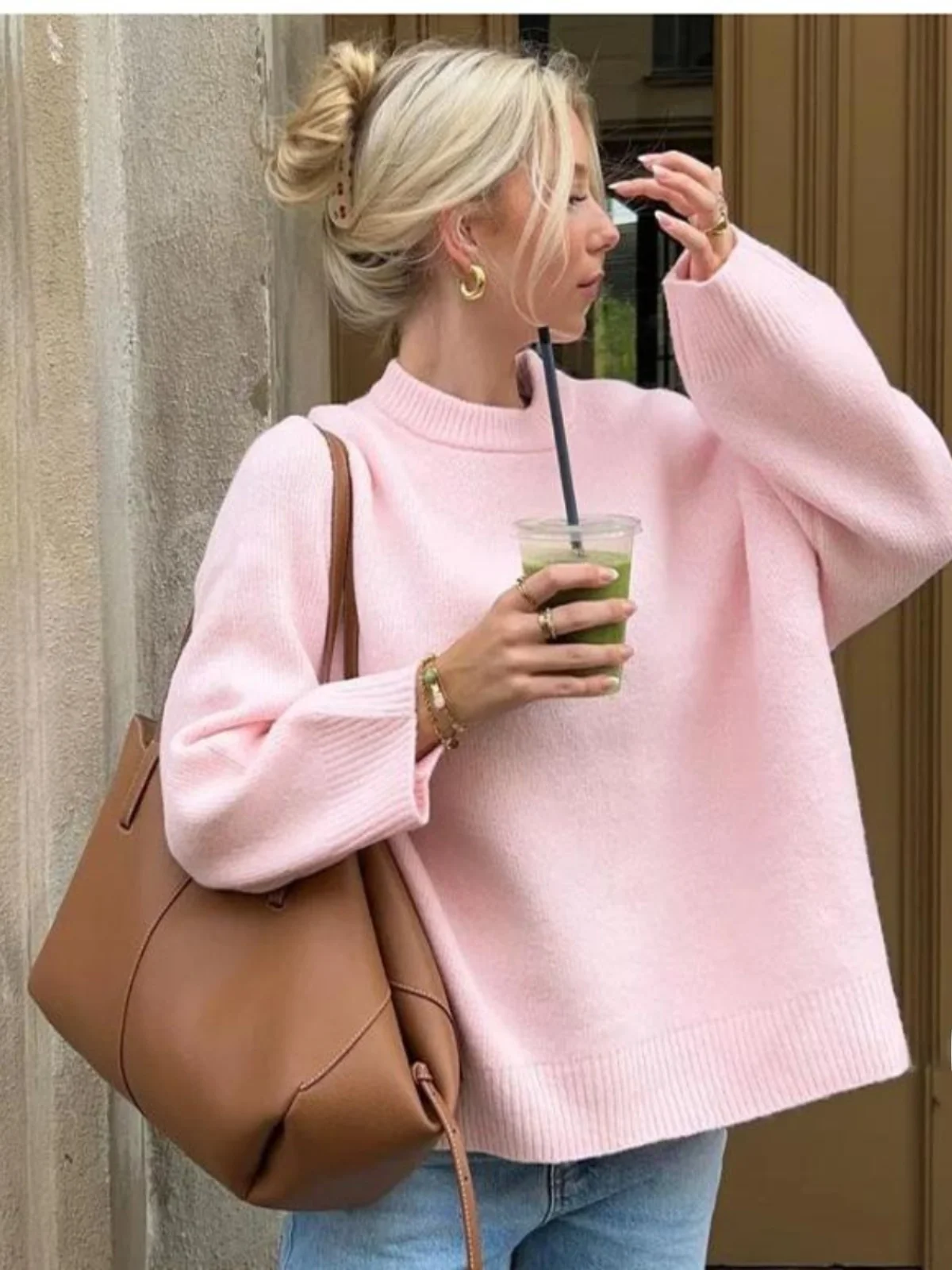

Casual round Ne Pullover Sweater Women's Street Sle Loose Fit Long Sve Polyester Fiber Autumn Winter Spring Color