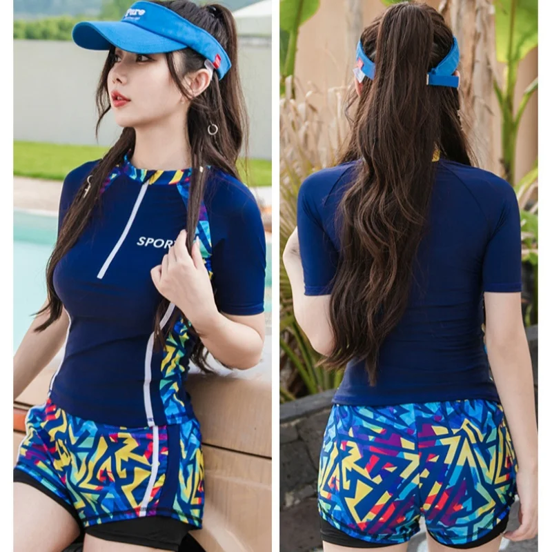 Women 2-piece Short Sleeve Rash Guard Shirts, Quick Dry Swim Front  Zipper Full Body Water Surf Swimsuit Split Bathing Suit