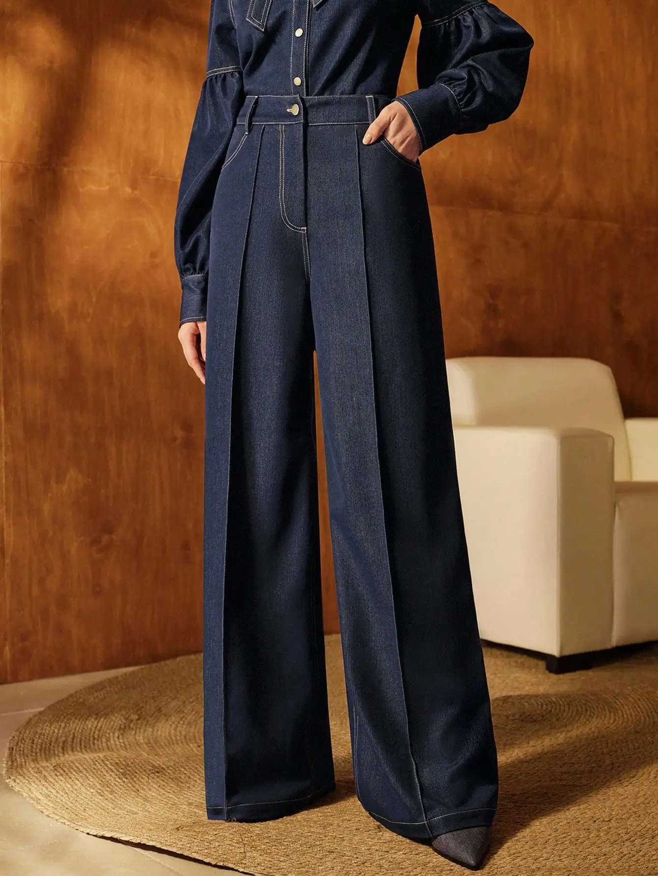 

High-Waisted Wide Leg Denim Pants for Women, Fall Winter Casual Chic Style