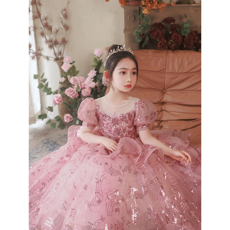 Evening Princess Girls Party Sequins Prom Tulle Dress Fluffy Flower Girl Wedding Toddler Dresses for Kids First Communion Dresse