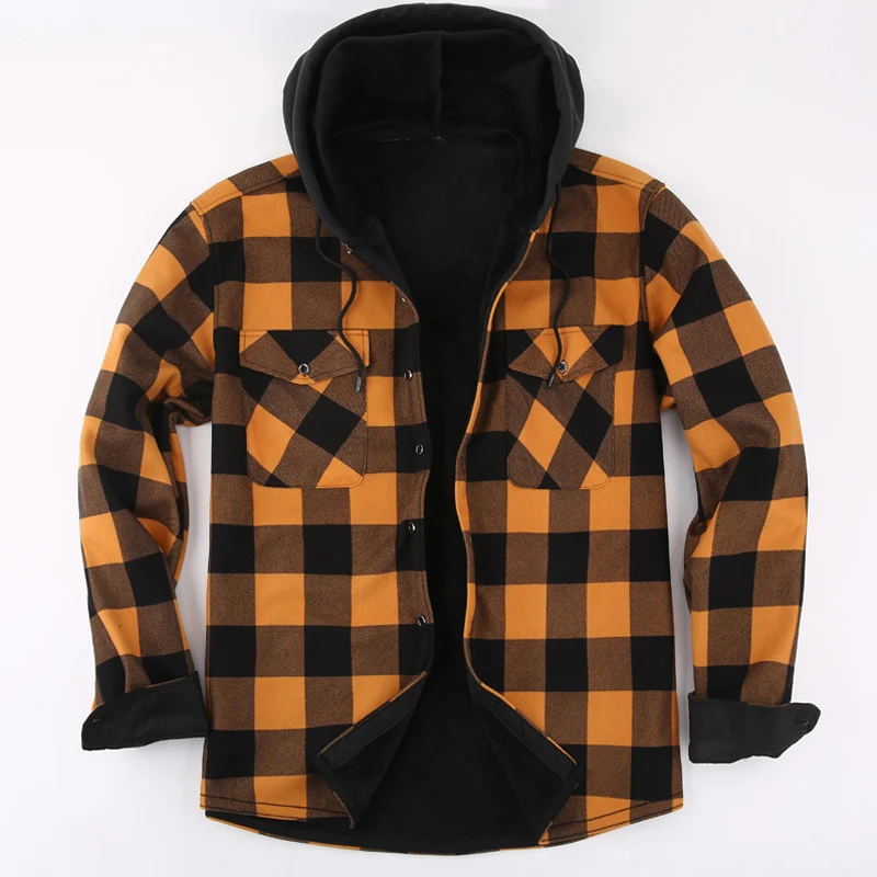 2023 New Autumn And Winter Men\'s Flannel Warm Long Sleeve Shirts Casual Fashion Comfortable Plaid Shirt With a Hood Male Clothes