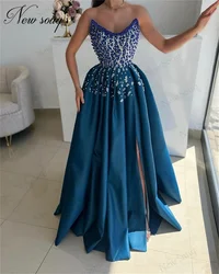 Pearls Strapless Formal Evening Dresses Custom Made Blue Split Side Cocktail Dress Elegant Crystals Wedding Party Gowns Dubai