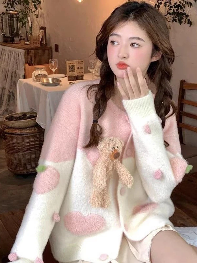 Zoki Cute 3D Bear Cardigan Sweaters Women Love Sweet Kawaii Knitted Jacket Japan Long Sleeve Fashion Lady Faux Mink Cashmere Top