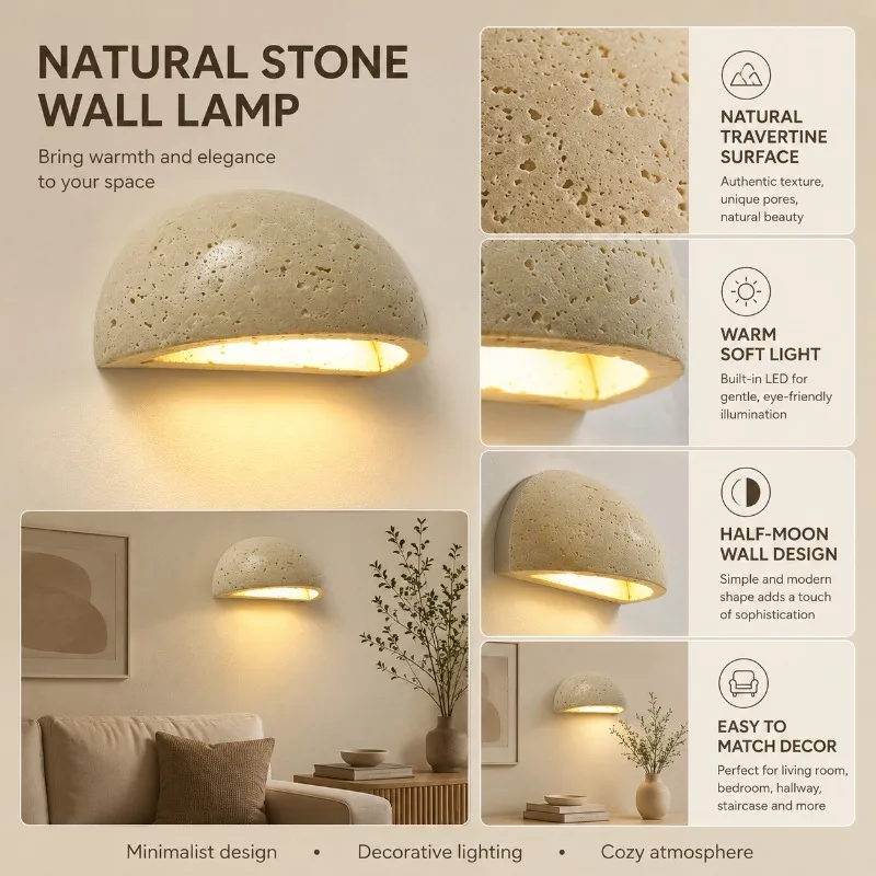 Travertine Half Moon Wall Light Vintage LED Sconce Warm Glow Bedside Lamp for Bedroom Hotel Hallway Living Room Home Decor