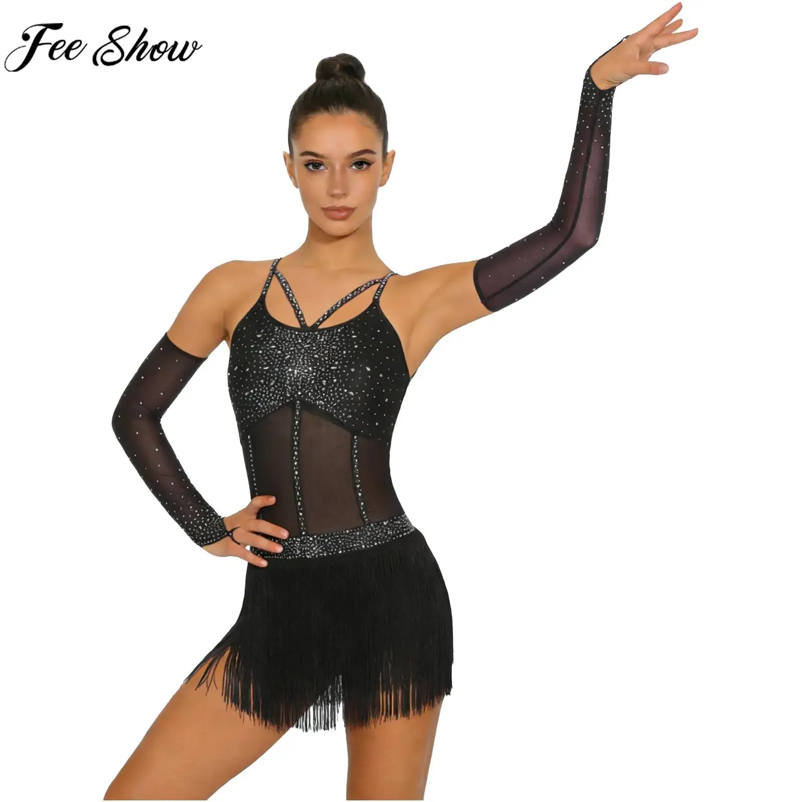 

Женское платье-боди для латиноамериканских танцев со стразами, сеткой и бахромой, с рукавами, для танцев, танго, ча-ча, самбы, румбы, бальных танцев