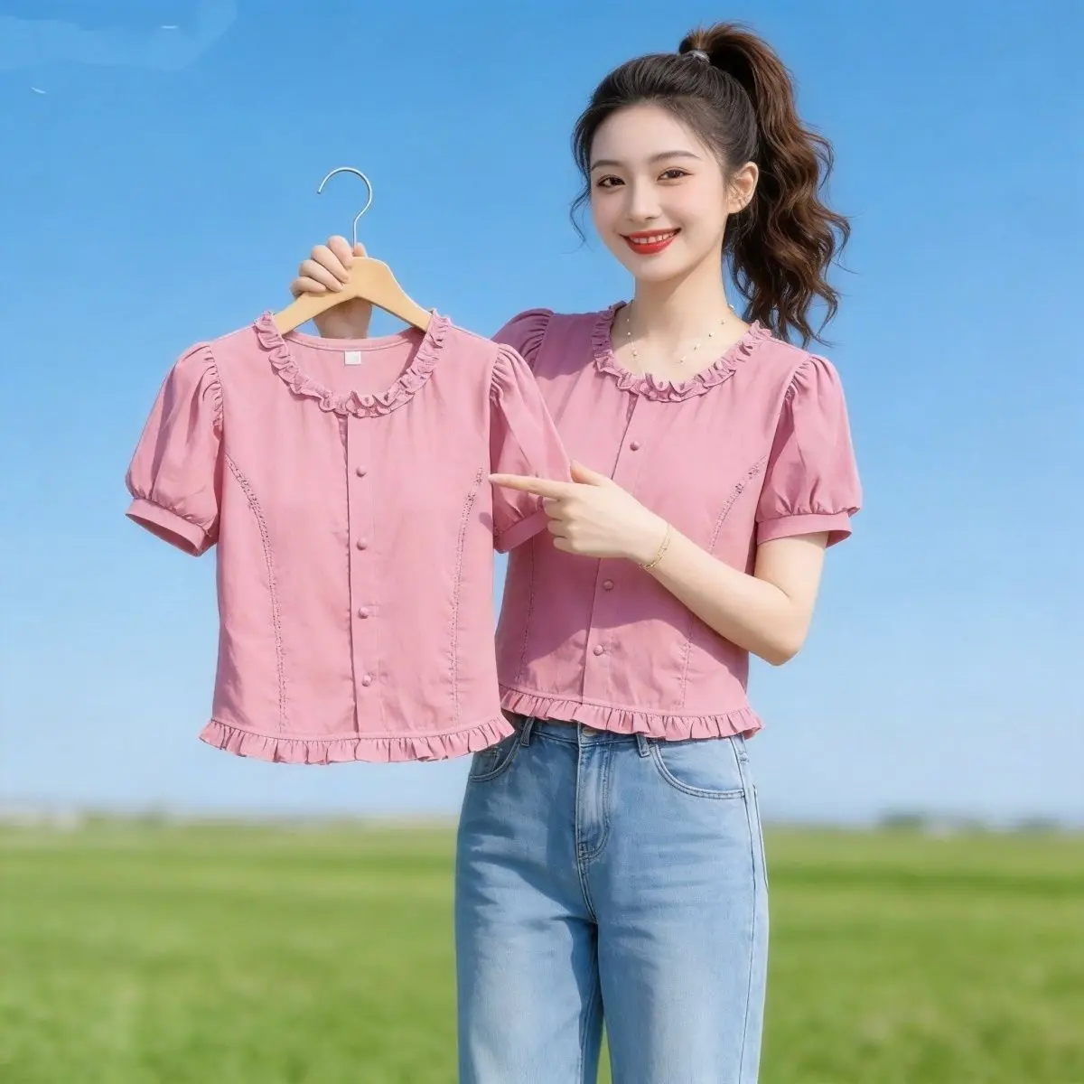 

Fashionable Short Sleeve Shirt Women's Style Edging Slimming Summer New Design Ladies' Blouse round Neck Easy to Deform