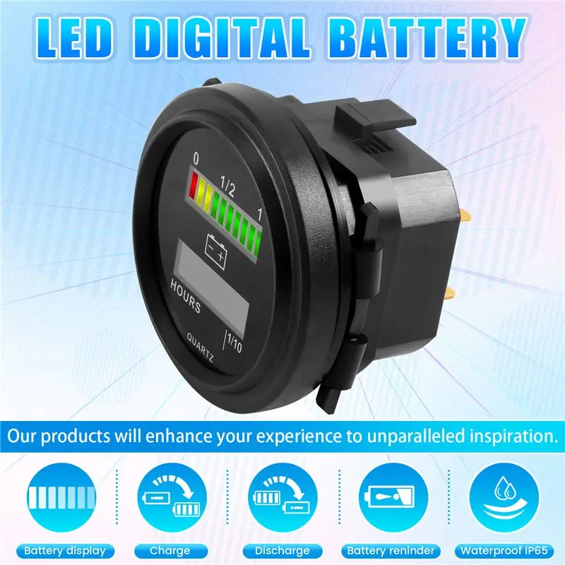 Top-Rated 12V/24V/36V/48V/72V LED Digital Battery Status Charge Indicator With Hour Meter Gauge Black