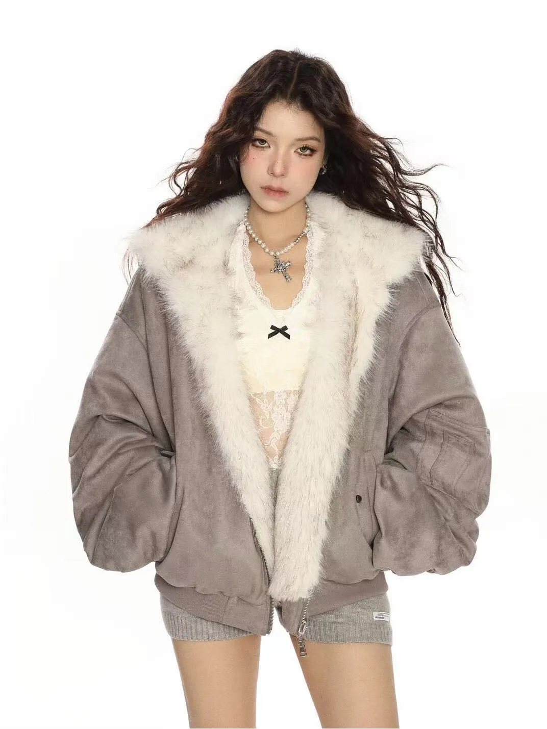 Women  Faux Leather Coat Winter American Retro Fur Coat Women Padded Hooded Cotton-Padded Jacket Plush Casual Harajuku Oversize