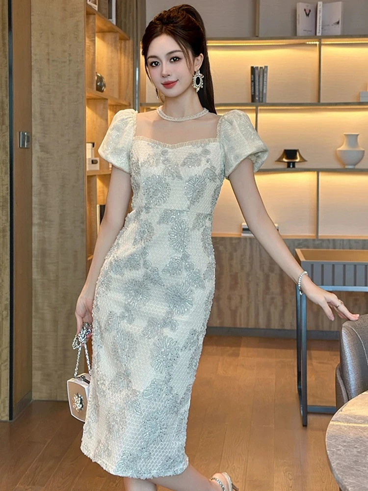 Women Clothes Lace Floral Embroidery Sheer O-Neck Slim Midi Pencil Dress Elegant Lady Fashion Vestidos Robe Formal Occasion New