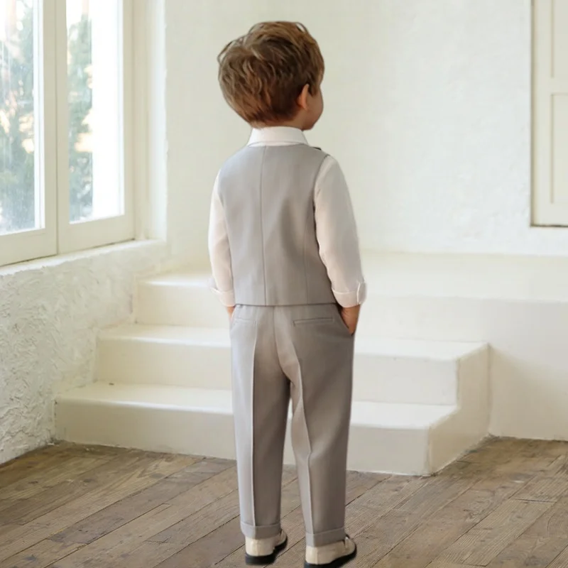 Kids Pure Color Vest Set Flower Boys Spring Summer Wedding Dress Children's Piano Host Speech Performance Costume