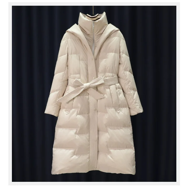 Women's down Jacket Autumn Winter New Fashion Slimming Belted Midi White Duck down Coat Long Sleeve Thickened Winter Coat