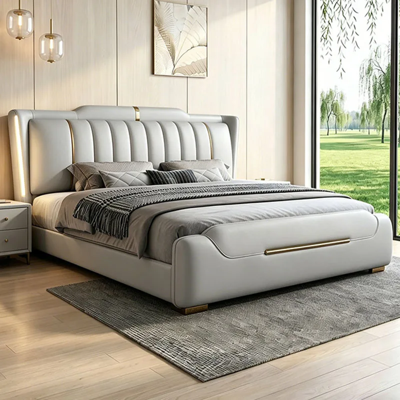 Luxury Leather Bed Double Frame Queen Modern Wooden Design Space Saving Bed European Safe Letto Matrimoniale Trendy Furniture