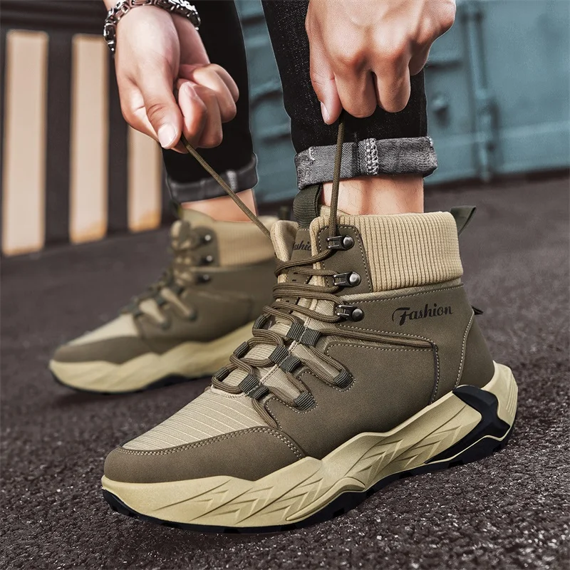 

2026 New Winter Men's High-Top Sneakers With Thick Sole Breathable Rubber Outsole Wear-Resistant Hiking Tourism Trekking Shoes