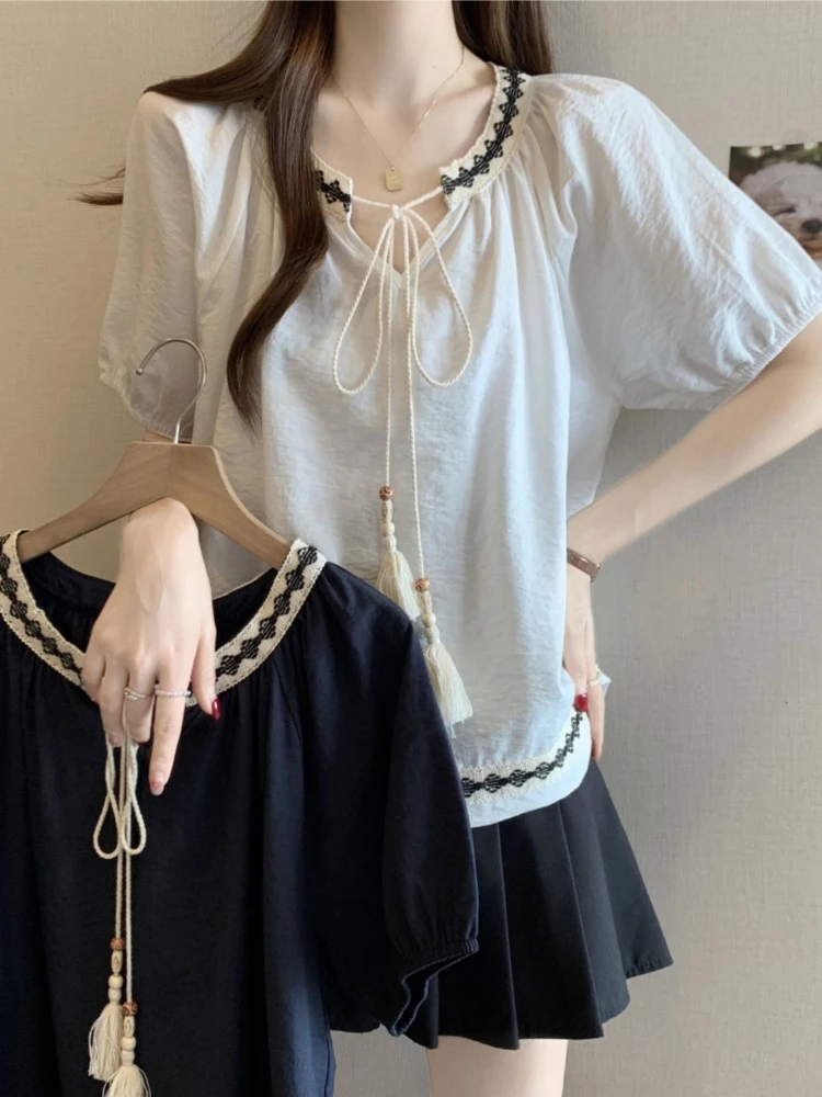 

Women's Vintage French Ethnic Short Sleeve Tie Strap Bow Shirt 2026 New Summer Slimming Square Shoulder Conceal Flab