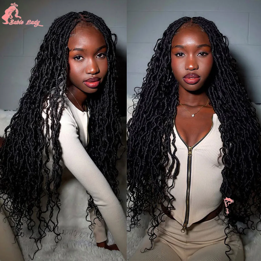 Long Dreadlocks Braided Wig Synthetic Knotless Box Full Lace Wigs Boho Braids With Curly Hair For Black Women Blonde Red Braids