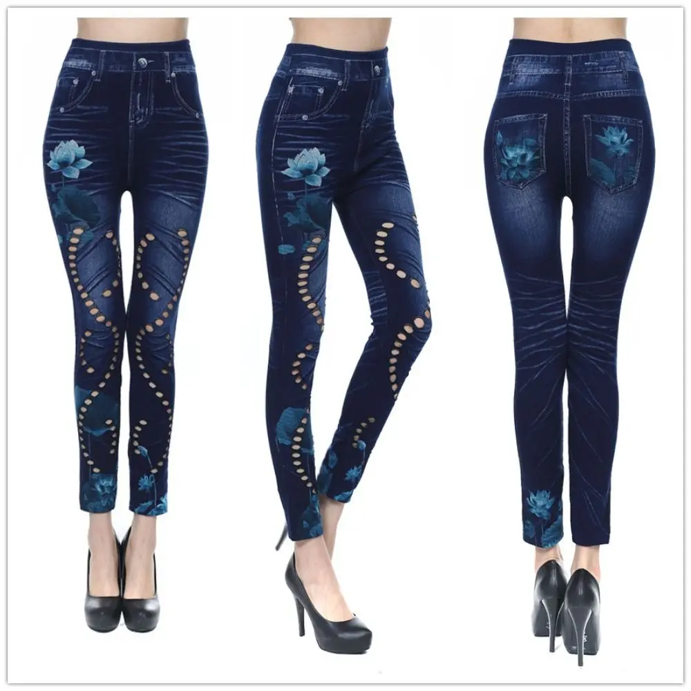High-waisted Sexy Women's Slim-fit Leggings Faux Denim Hollow Out Stretch Leggings Heart Flower Patterned