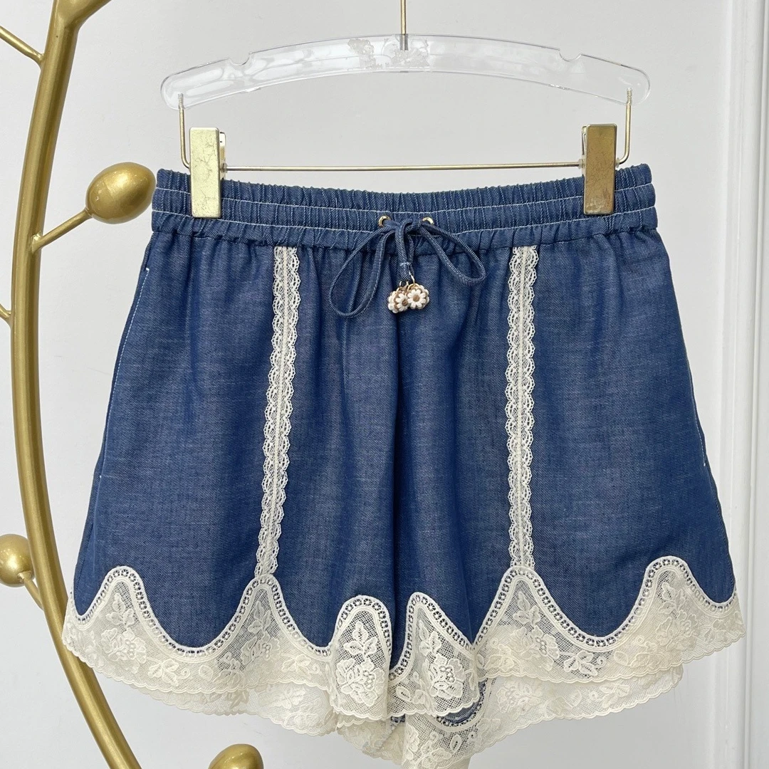 

Cotton Blue Lace Long Sleeve Blouse Short Pants Set Women