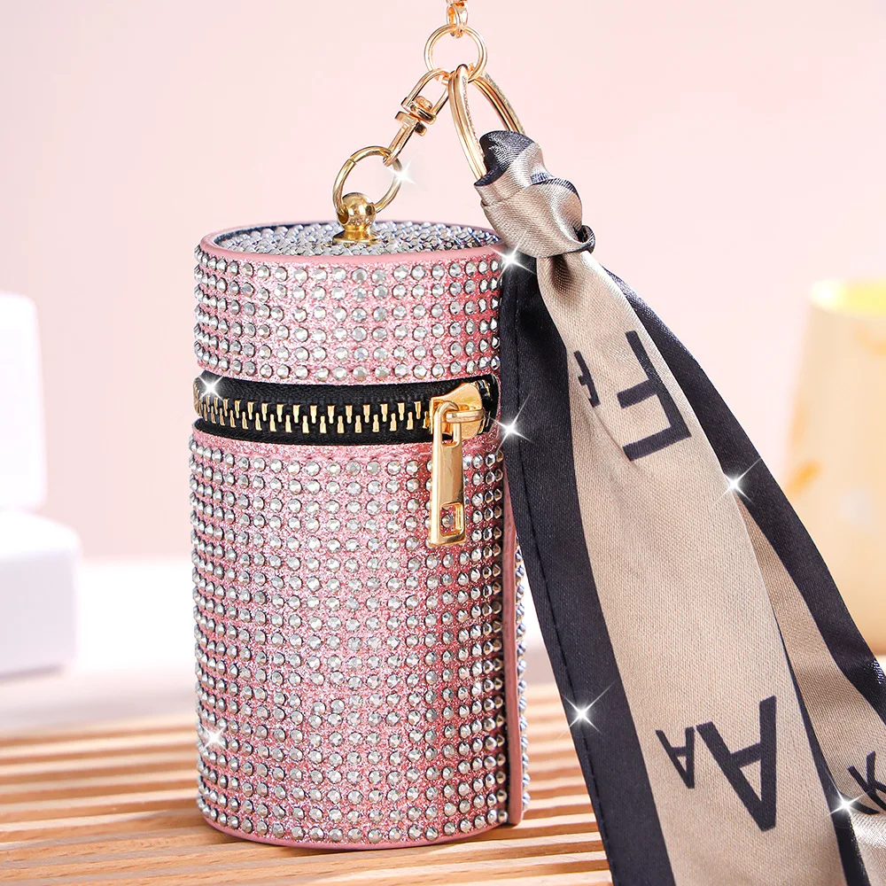 New Cylindrical Stylish Rhinestone PU Mini Lipstick Bag with Silk Scarf  Keychain Portable Coin Purse Women  Accessories Gift