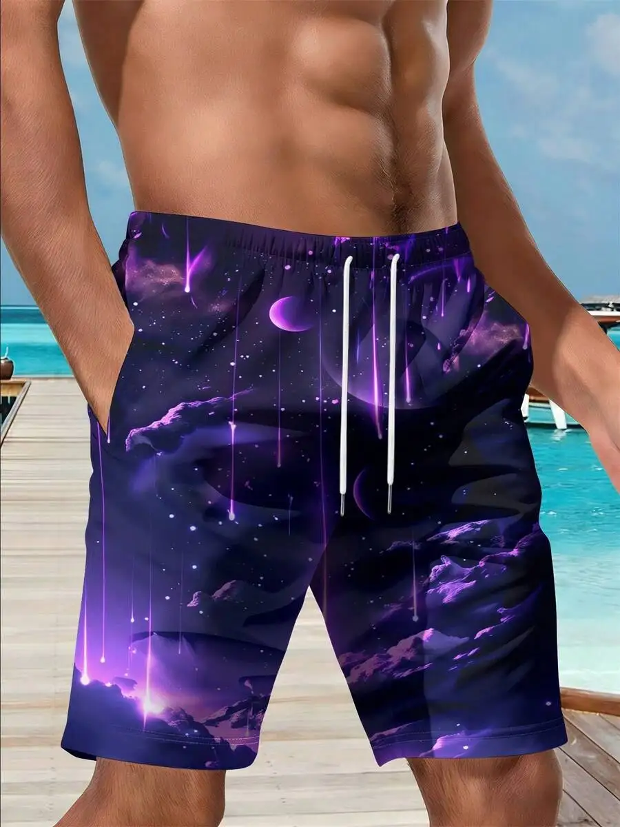 

Mens 3D Print Purple Galaxy Beach Shorts Quick Dry Breathable