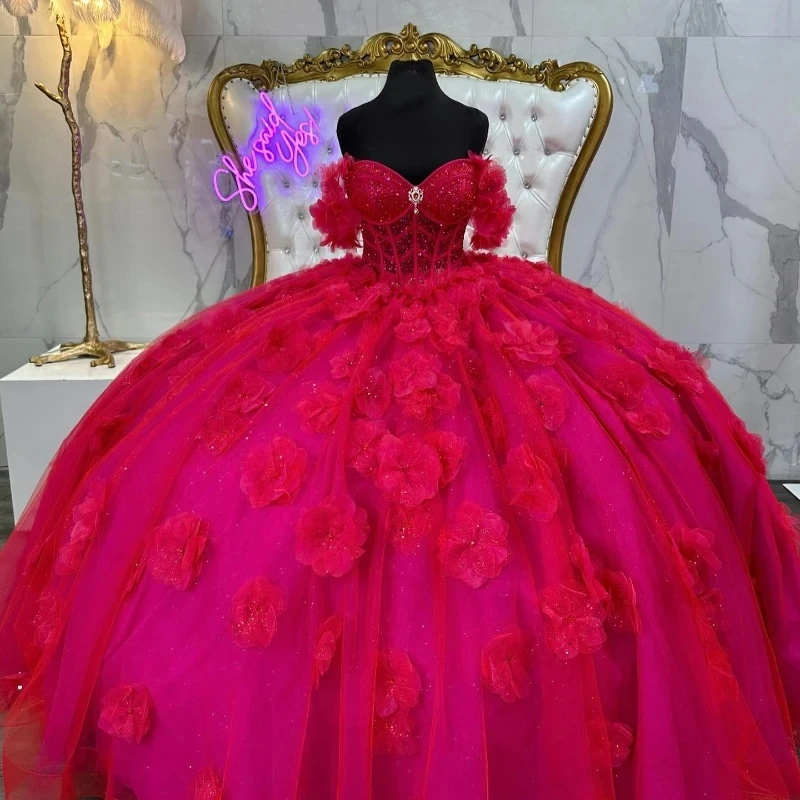 

Red Sparkly Sweetheart 3DFlowers Beads Tull Quinceanera Dress Ball Gown Puffy Dress Corset Sweet 16 Birthday Debut vestido 15 de