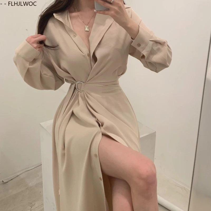 Chic Korea Kleding Vrouwelijke Vestidos Nieuwe Mode Vrouw 2025 Herfst Lange Mouw Een Stuk Lace-Up Lange Shirt jurk