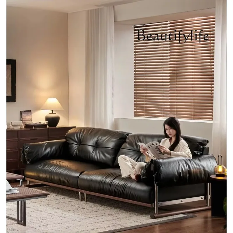 O10 Nordic Medieval Solid Wood Sofa First Layer Cowhide Living Room Home Medieval Straight Row Leather Sofa
