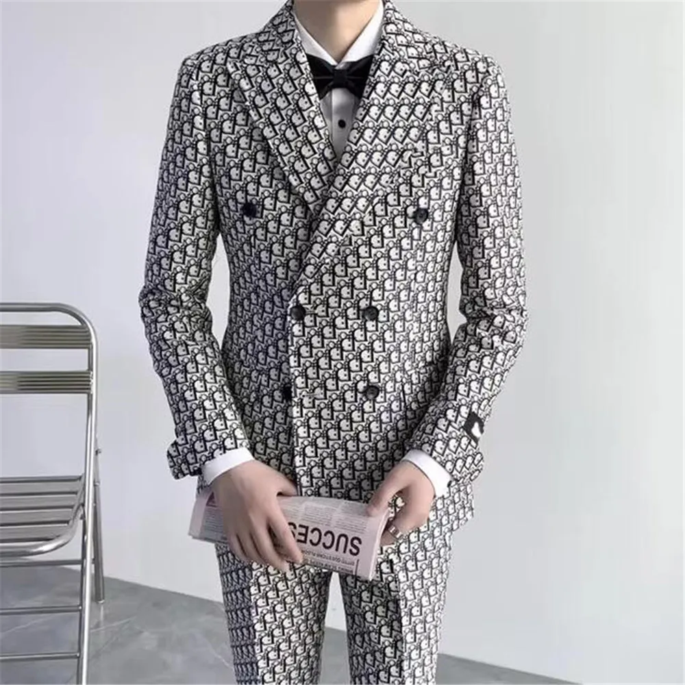 Printed Letter Men Suits Double Breasted Groom Tuxedos For Wedding 2 Pieces Male Fashion Jacket Pants Groom Clothing Customized