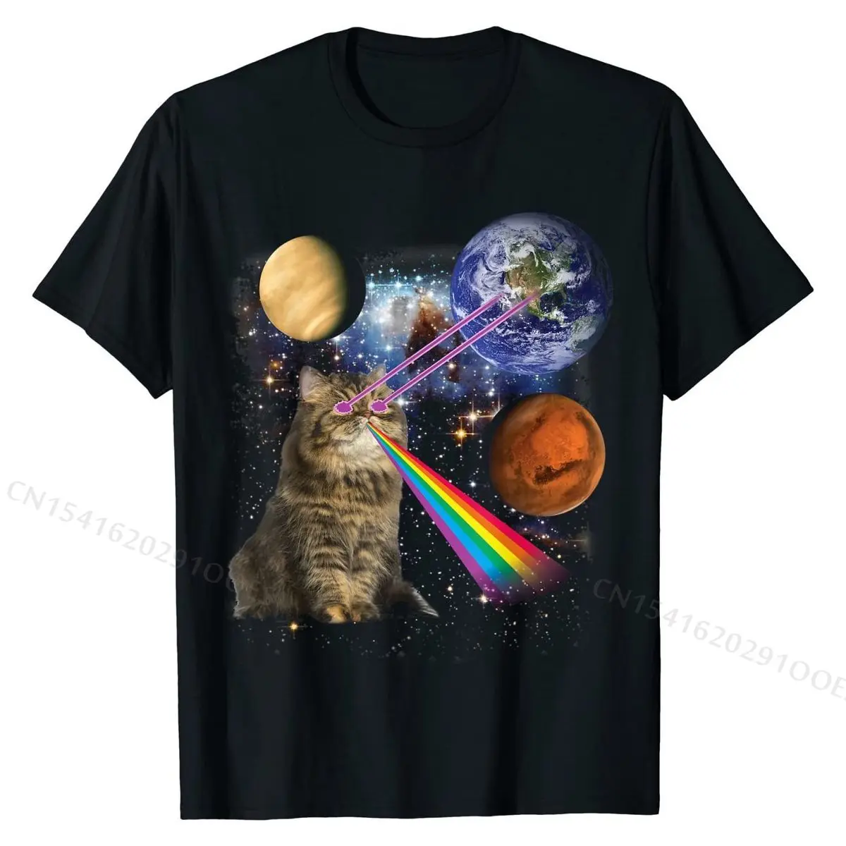 Cat Shooting Laser and Rainbow in Galaxy Space, T-Shirt Unique Summer Tees Prevailing Cotton Boy Top T-shirts