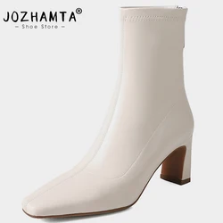 JOZHAMTA Size 33-40 Women Ankle Stretch Boots Soft Leather Chunky High Heels Shoes Winter Elastic Short Booties Casual Office