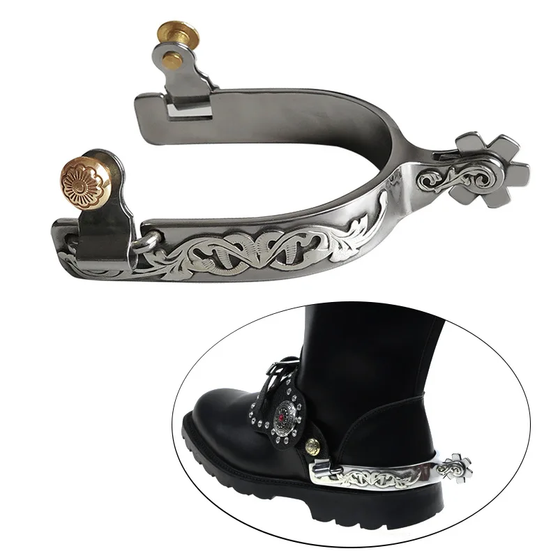 stainless-steel-western-spurs-with-gears-and-copper-cap-buckles-equestrian-accessories