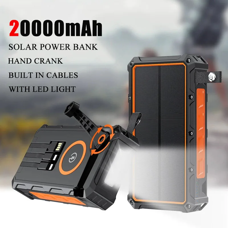 

Ручная рукоятка Solar Power Bank 20000 мАч с 4 солнечной панелью Беспроводное зарядное устройство Powerbank для iPhone 14 Huawei Xiaomi Samsung Poverbank